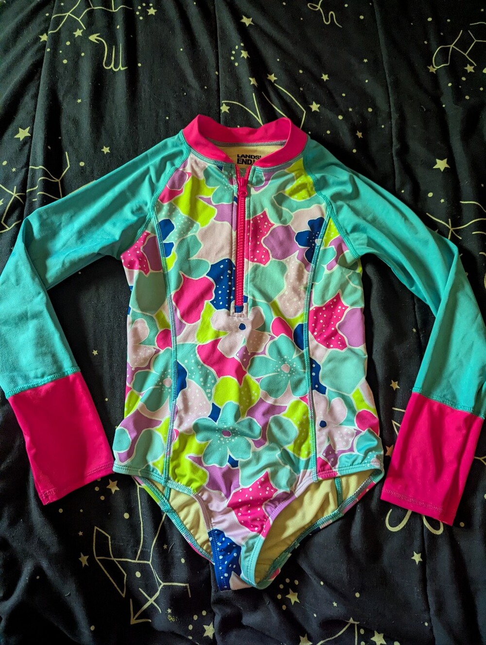 Lands End Girls UV Swimsuit Long Sleeve Neon Sz 8 Flowers One Piece